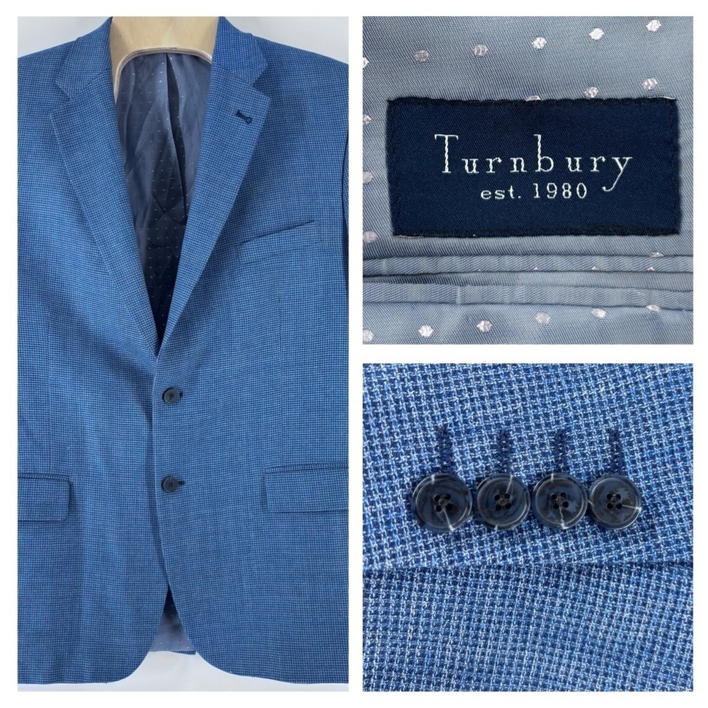 Turnbury Blazer Mens 46R Blue Micro Check Textured 2-Button Sport Coat